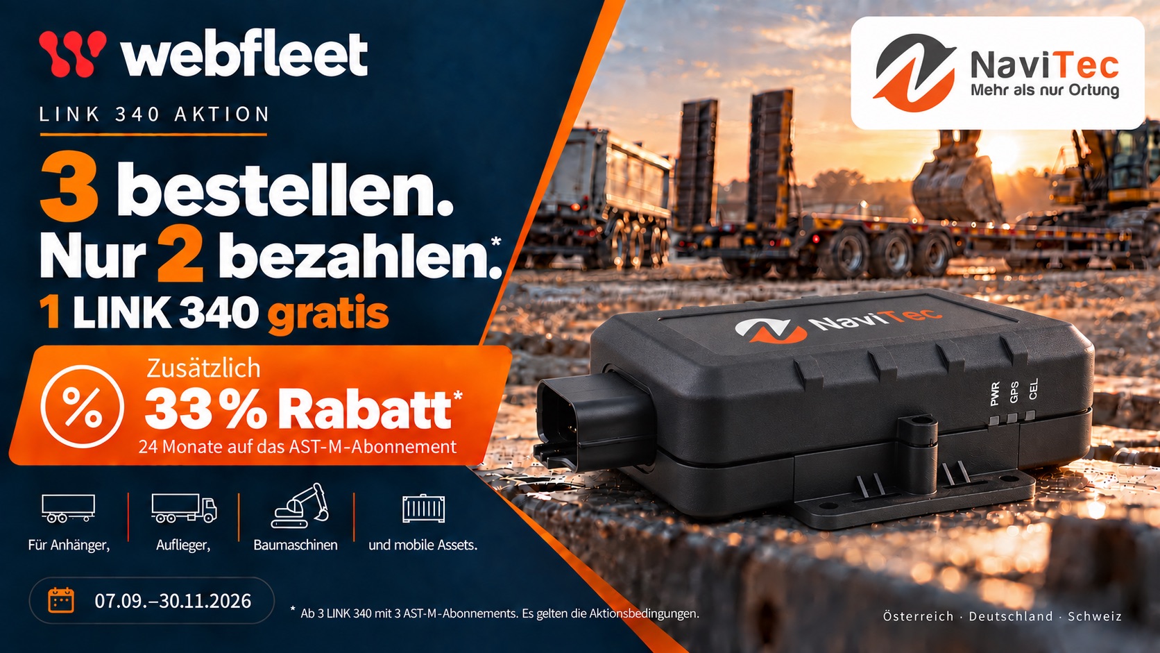 Webfleet-Aktion: drei LINK 340 bestellen, nur zwei bezahlen, dazu 33 Prozent Rabatt auf 24 Monate AST-M-Abonnement, gueltig 07.09. bis 30.11.2026