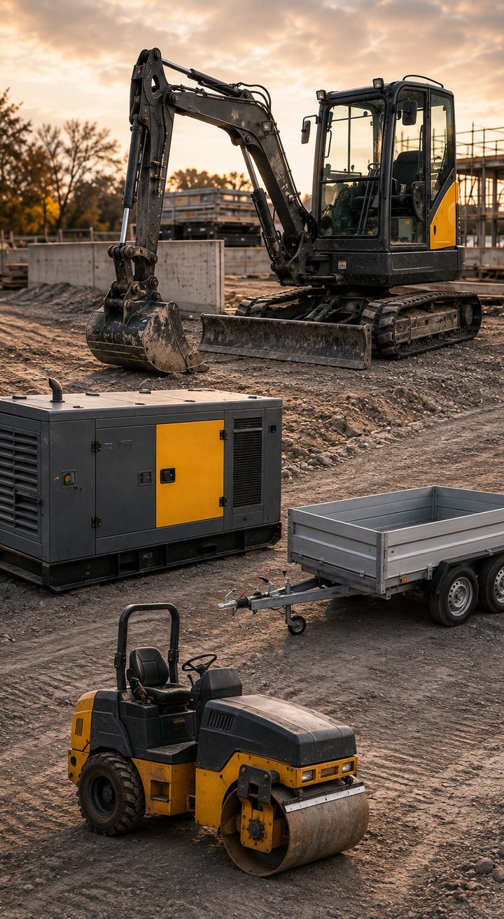 Baustelle am Abend mit Minibagger, Stromaggregat, Anhänger und Walze