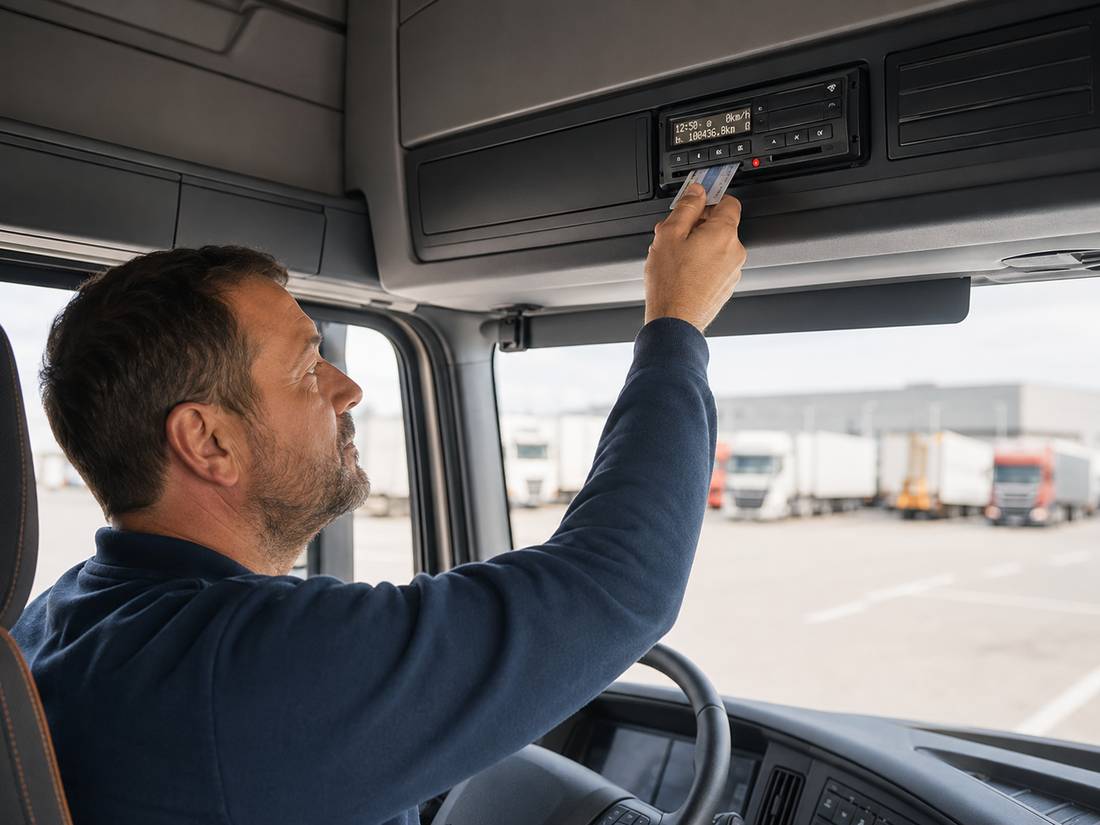 Fahrer steckt die Fahrerkarte in den digitalen Fahrtenschreiber im Führerhaus
