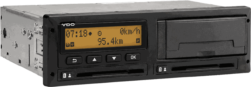 Digitaler Fahrtenschreiber der Bauart VDO mit Display, Bedientasten und zwei Kartenschächten
