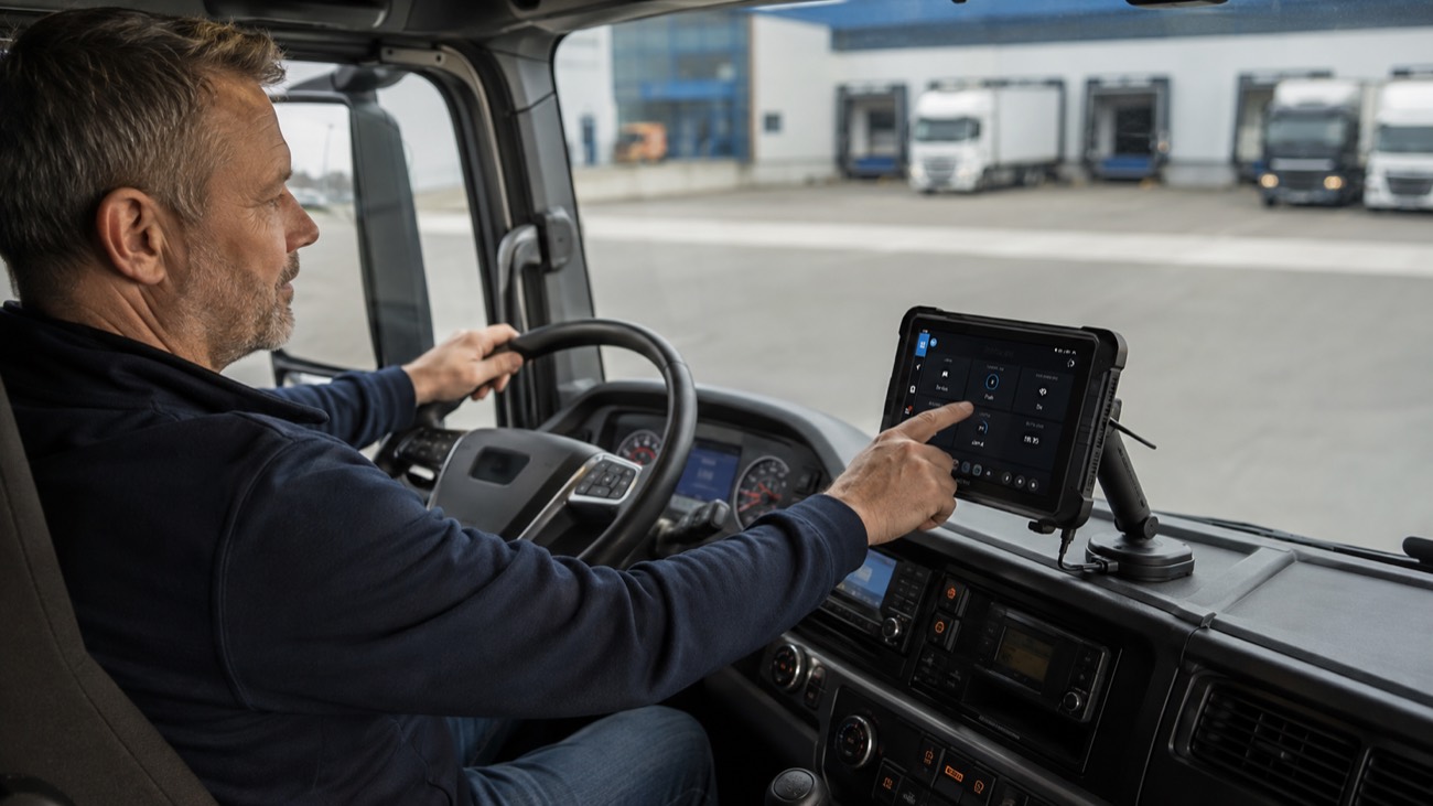 Fahrer bedient ein PRO X Fahrerterminal am Armaturenbrett eines Lastwagens, im Hintergrund Lastwagen an den Rampen eines Logistikzentrums