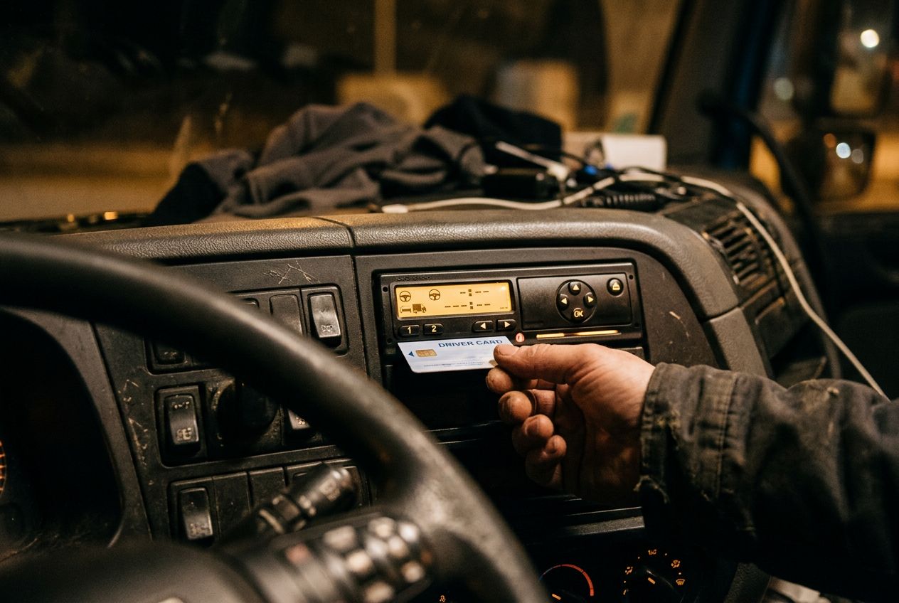 Fahrer steckt die Fahrerkarte in den digitalen Fahrtenschreiber