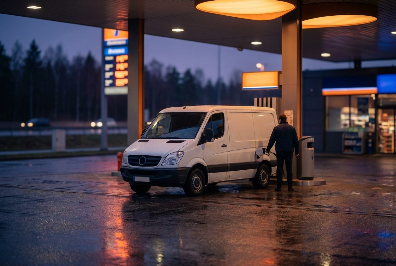 Transporter beim Tanken an einer Tankstelle in der Abenddämmerung