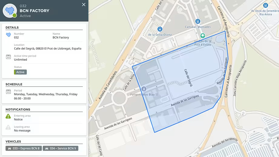Definierte Geofencing-Zone in Webfleet mit Zeitplan, Benachrichtigungen und zugeordneten Fahrzeugen