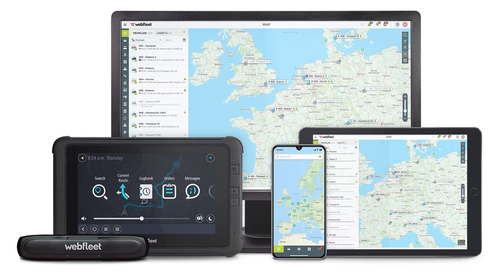Webfleet auf Monitor, Tablet und Smartphone, dazu PRO-Driver-Terminal und LINK-Ortungsgerät