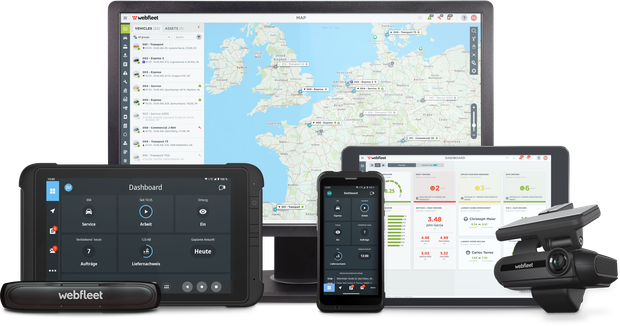Webfleet auf Monitor, Tablet, Handy und Fahrerterminal