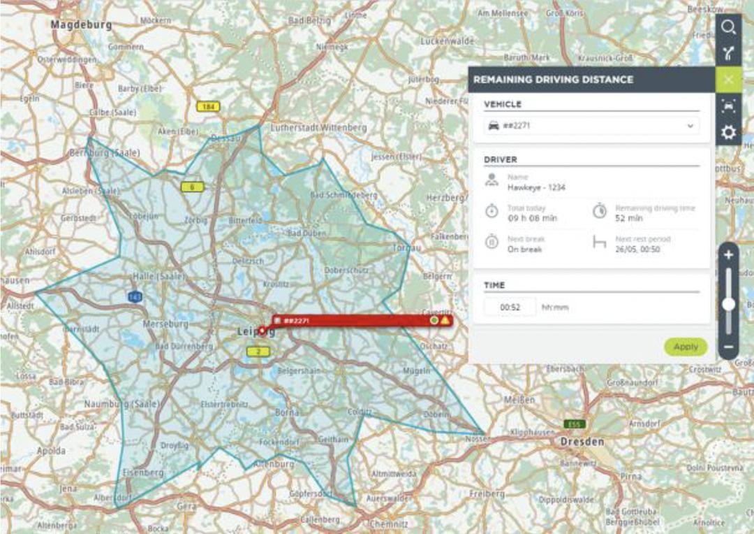 Karte in Webfleet mit schattiertem Bereich, der zeigt, wie weit das Fahrzeug mit der verbleibenden Lenkzeit von 52 Minuten noch kommt